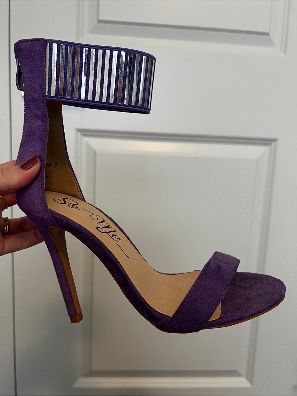 So Me Purple Suede Ankle-Cuff Stiletto Heels